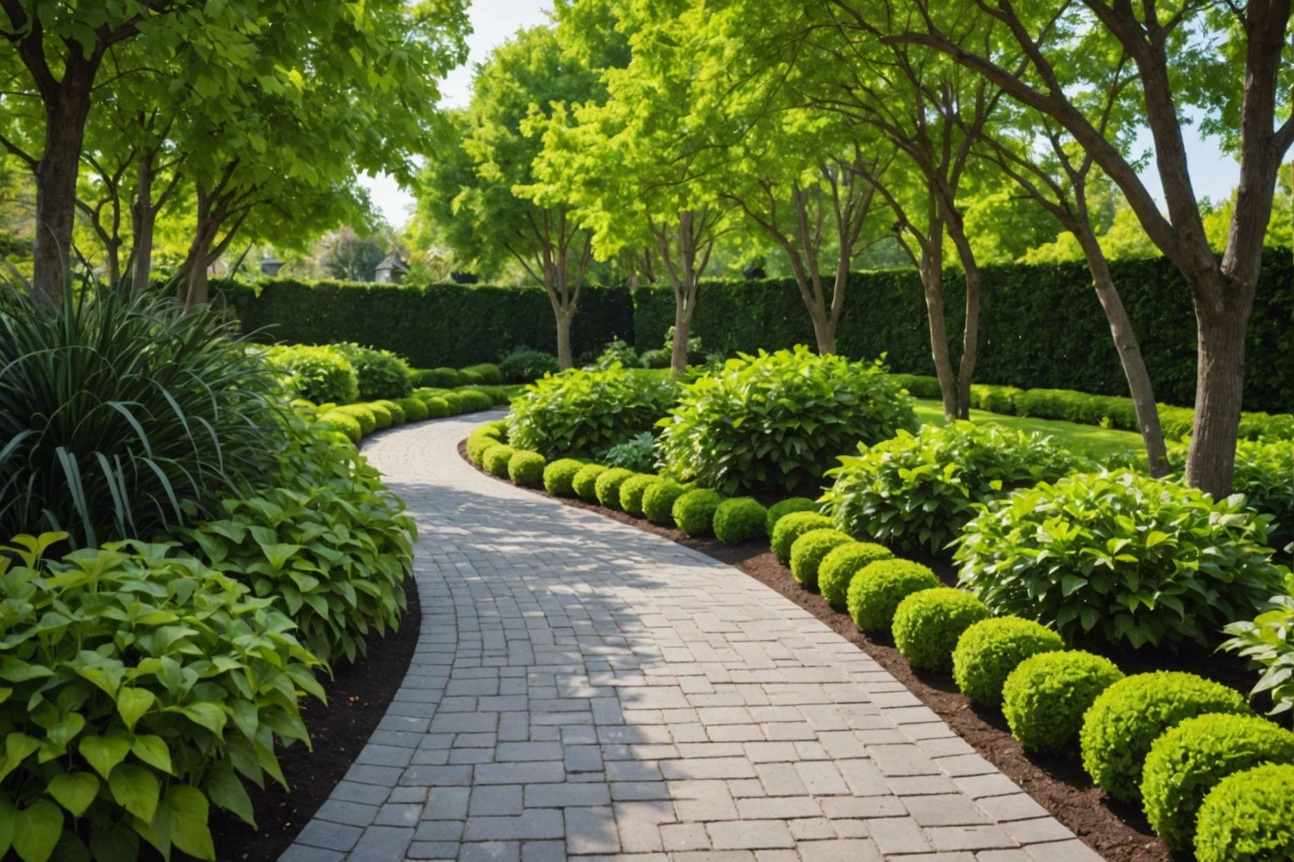 A serene garden walkway made of interlocking pavers, bordered by lush green plants, under a clear sky, demonstrating easy installation and durability