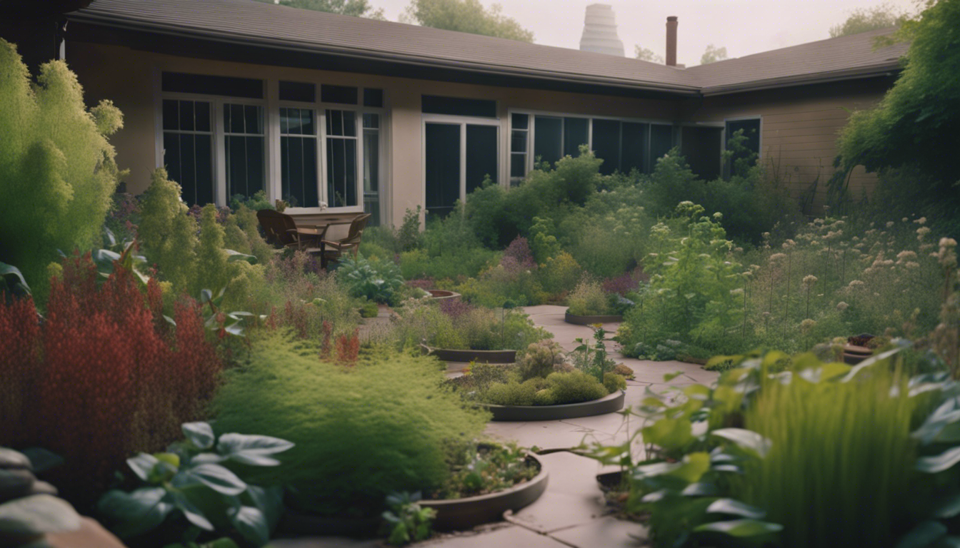 A patio garden overtaken by dense, sprawling invasive plants, with native plants struggling to survive