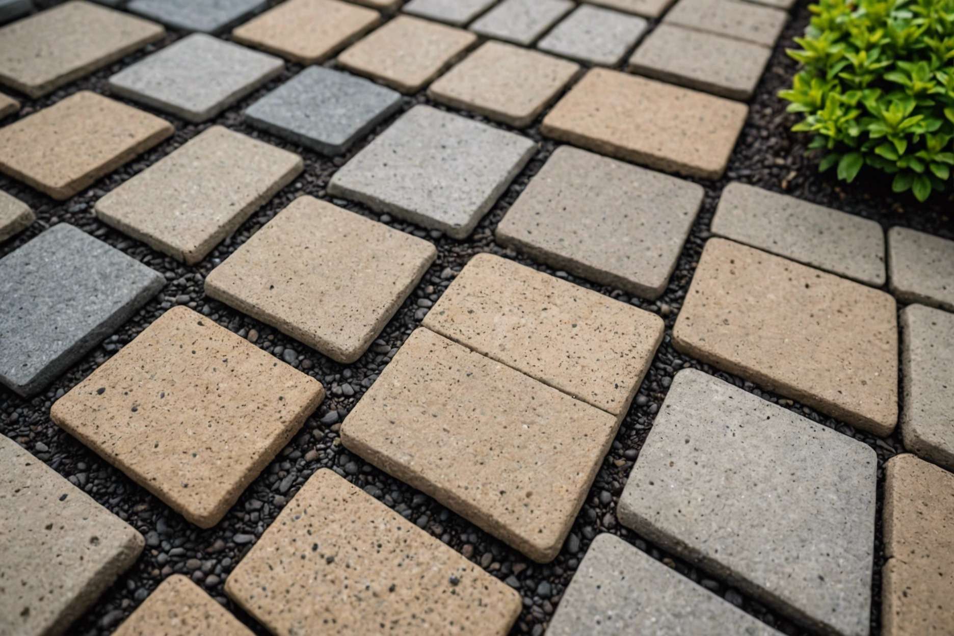 Close-up view of various types of sand between paver stones, with polymeric sand hardening and locking the pavers together in a landscaped garden setting