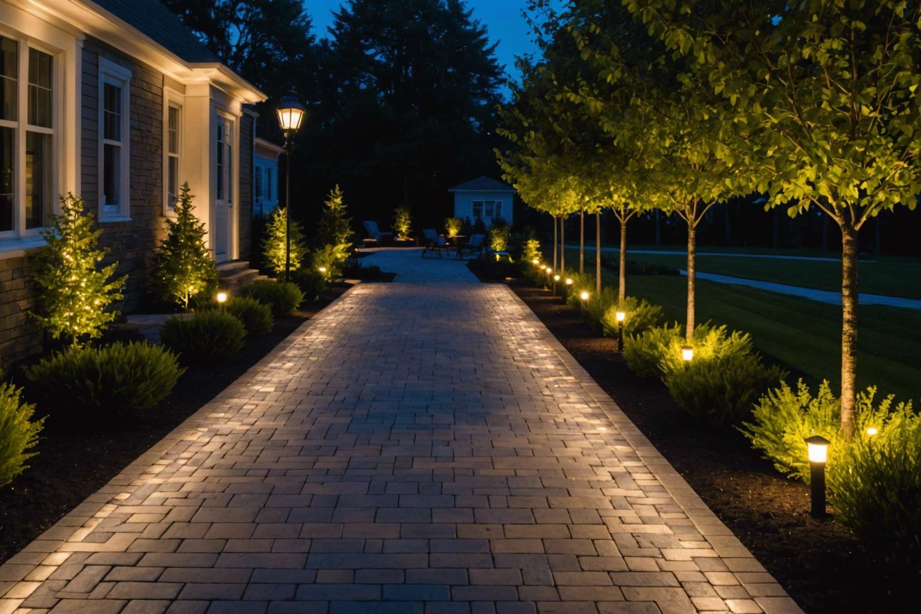 Elegant paver pathway at twilight, softly illuminated by in-ground LED lights and decorative bollard lights along the edges