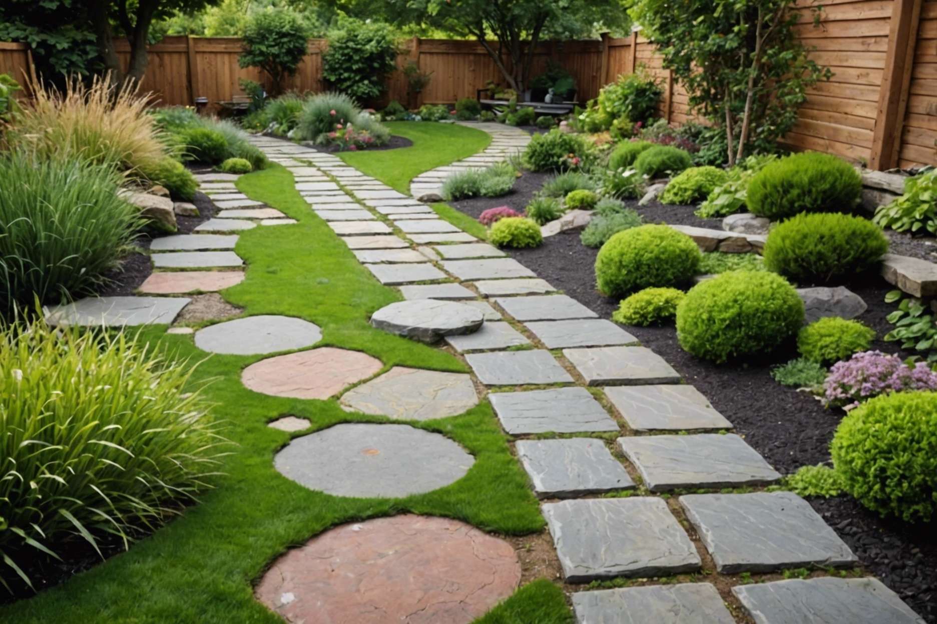 A garden path featuring wood and stone, brick and concrete, flagstone and gravel, and stepping stones with grass in four distinct sections, showcasing a blend of textures and colors in an outdoor setting