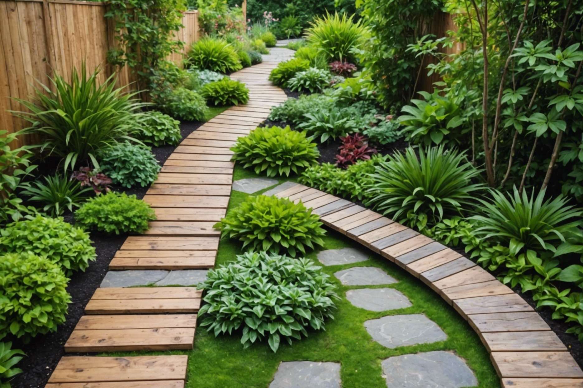 A rustic yet modern garden path featuring alternating patterns of wood planks and natural stones, surrounded by lush greenery