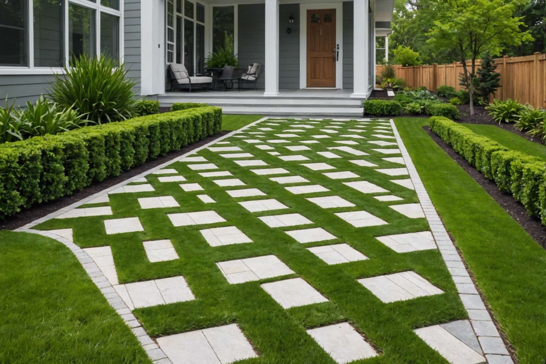 A modern home with a geometric paver walkway featuring herringbone and checkerboard patterns, surrounded by lush green grass and minimalistic landscaping