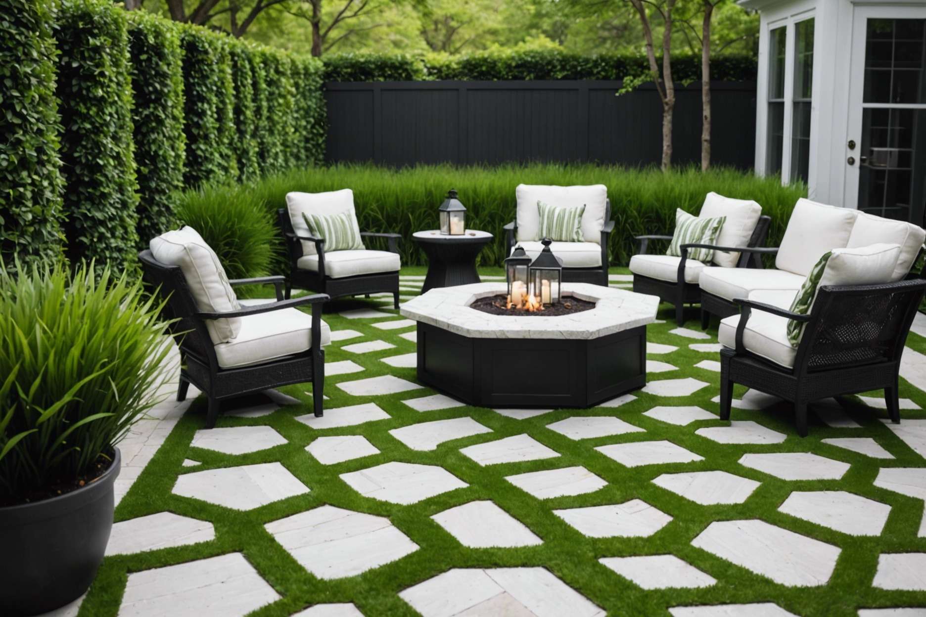 Elegant monochromatic outdoor patio with white stone pavers in herringbone pattern, surrounded by lush green AstroTurf and subtle hexagonal accents