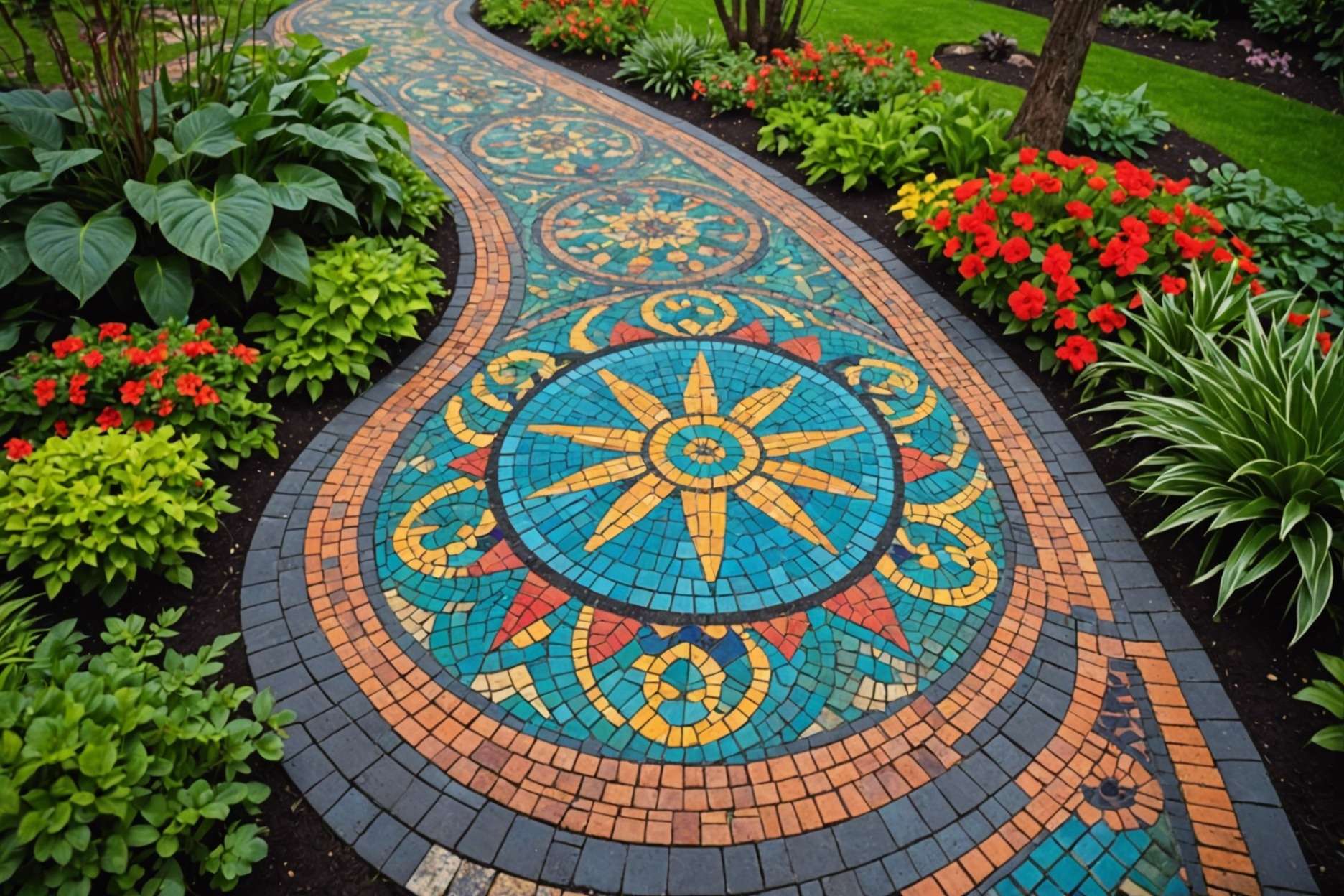 Colorful mosaic paver walkway with intricate patterns and artistic designs in a lush garden setting