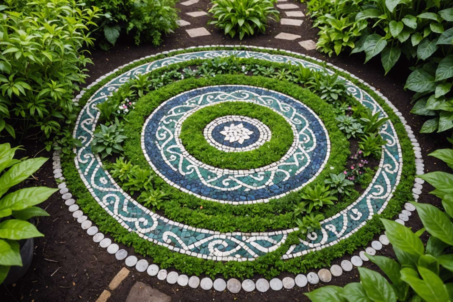 A garden path with mosaic pebble designs featuring galaxy swirls, a centered spiral, and a bright white star, surrounded by lush greenery