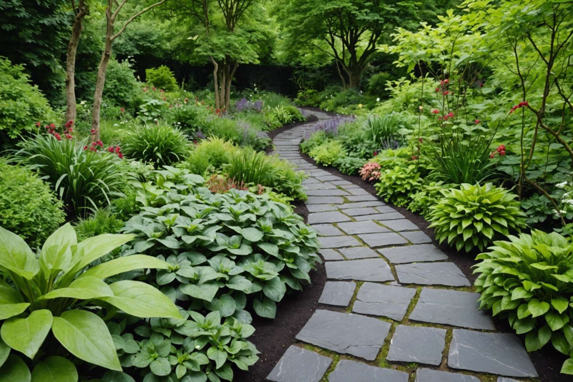 Winding natural stone path made of slate and limestone through a lush garden, with ground-cover plants filling the gaps between stones