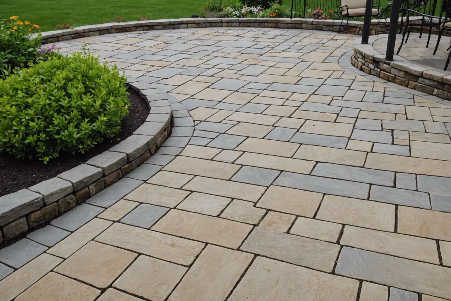 A well-maintained stone patio with polymeric sand in the joints, sealed for UV protection, and being gently rinsed with a hose