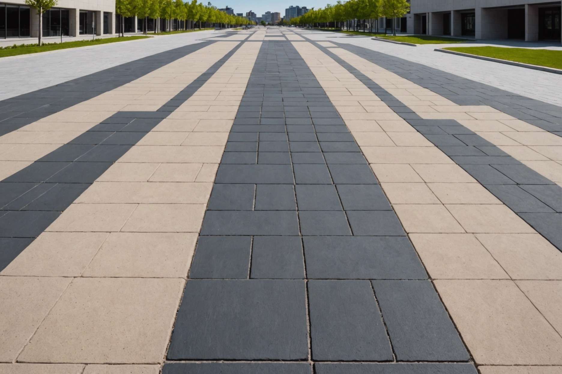 A seamless plaza with aligned sand set pavers, bitumen set pavers along the edges, and mortar set pavers in the center, all under a clear sky