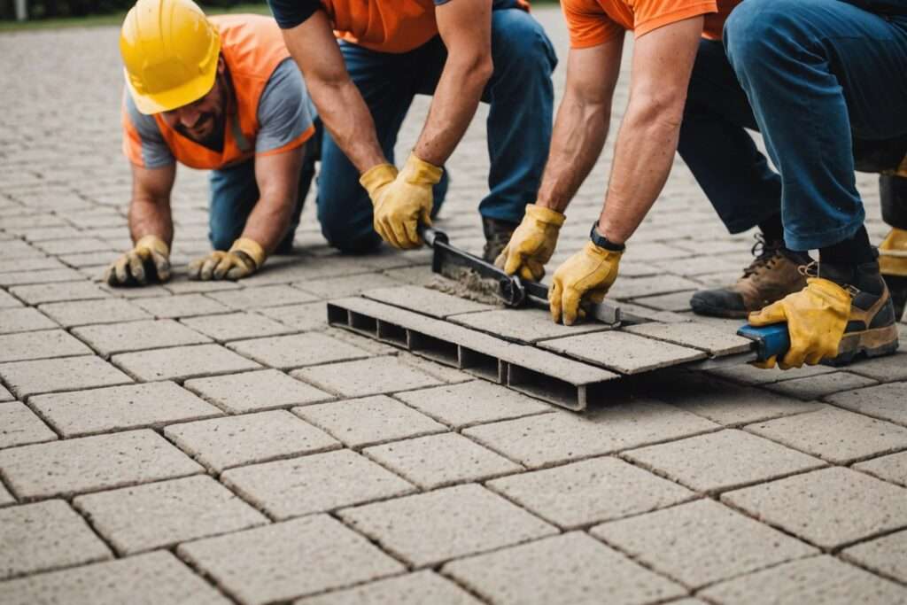 Happy workers installing joint sand in pavers