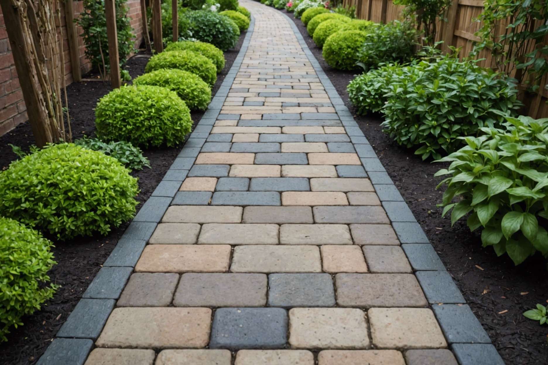 A serene garden pathway with pavers, showing durable polymeric sand in the joints, protected by a clear sealer under light rain.