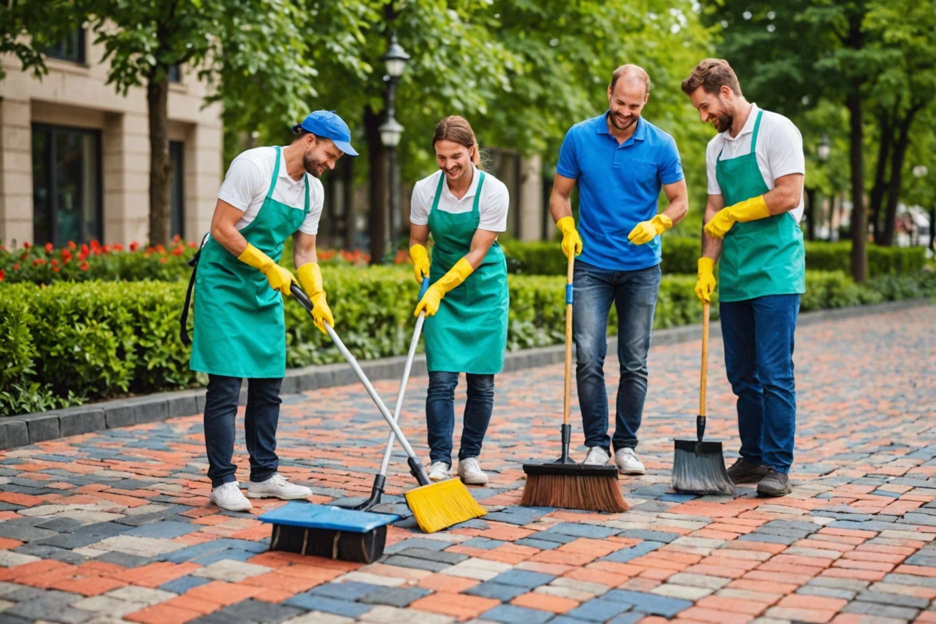 Happy workers cleaning colorful pavers outdoors