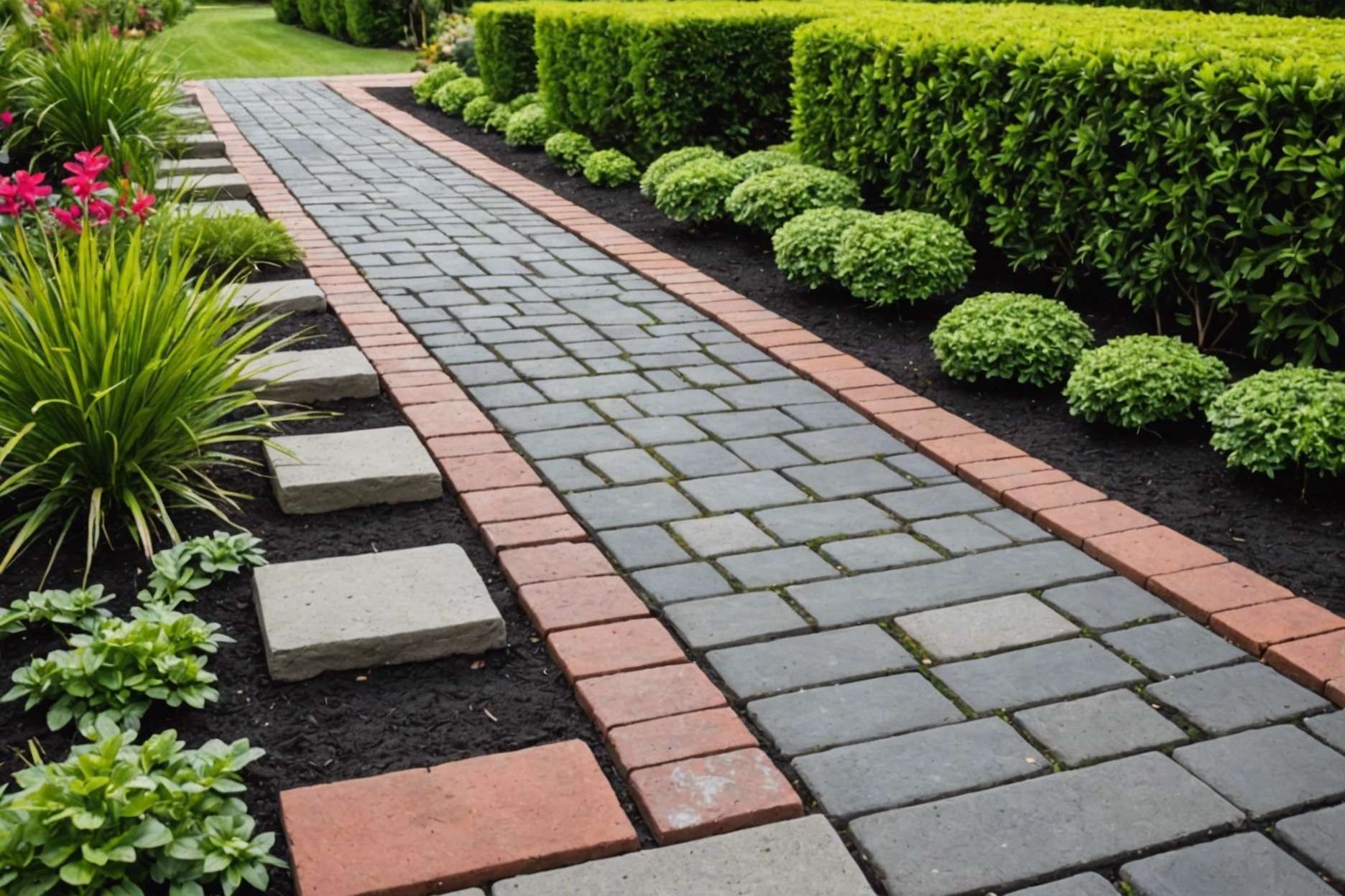 Assorted pavers including concrete, brick, stone, and rubber, laid out in a landscaped garden pathway