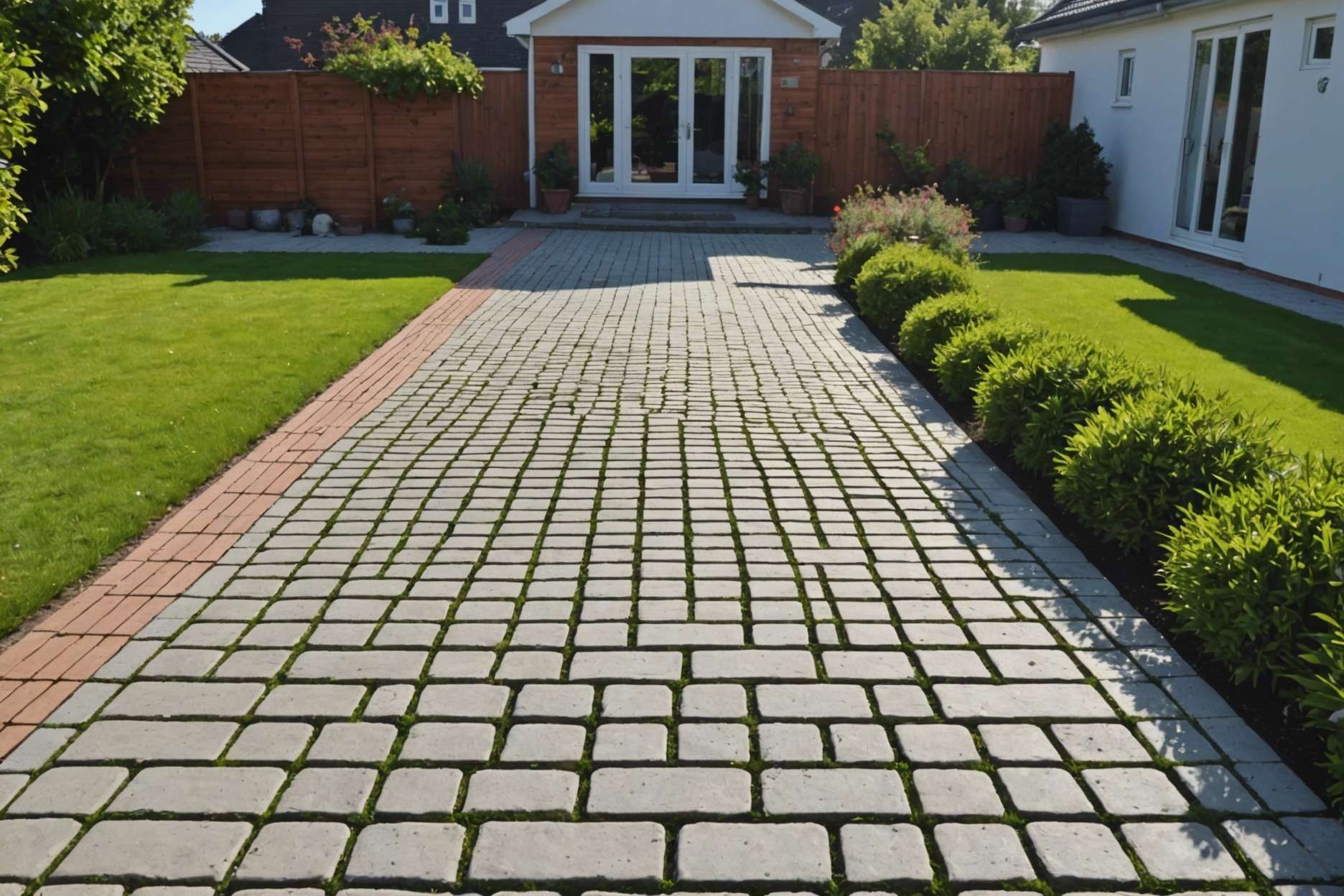 Permeable and concrete pavers in a sunny garden