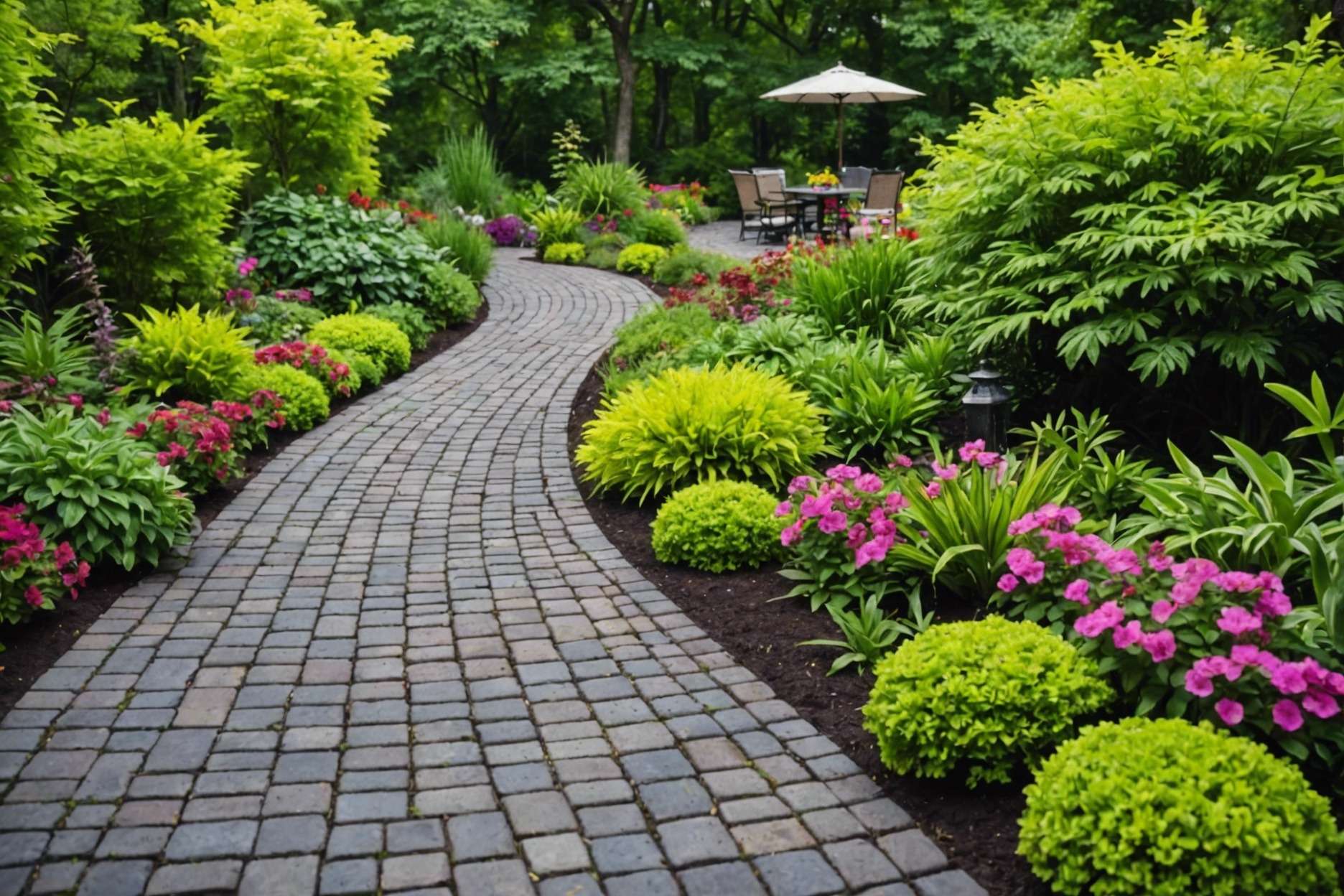 Permeable pavers in a lush garden, absorbing rainwater with a variety of colorful plants surrounding them