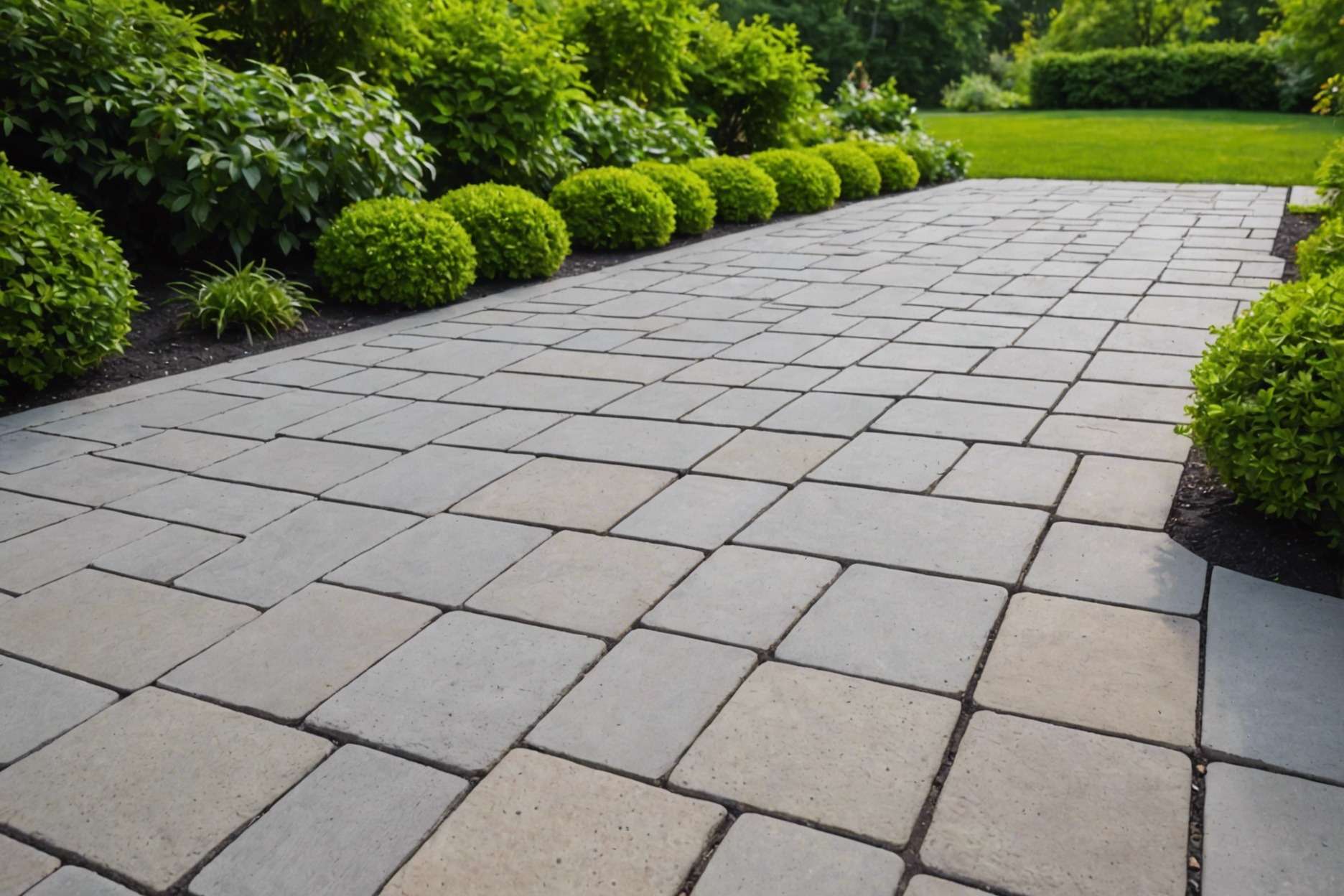 Close-up view of a patio with pavers neatly arranged, polymeric sand filling the joints, surrounded by lush greenery, under a clear sunny sky