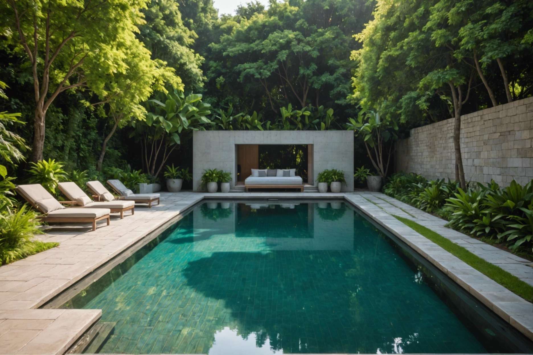 Aesthetic pool area with pavers and concrete sections, reflecting sunlight, surrounded by lush greenery