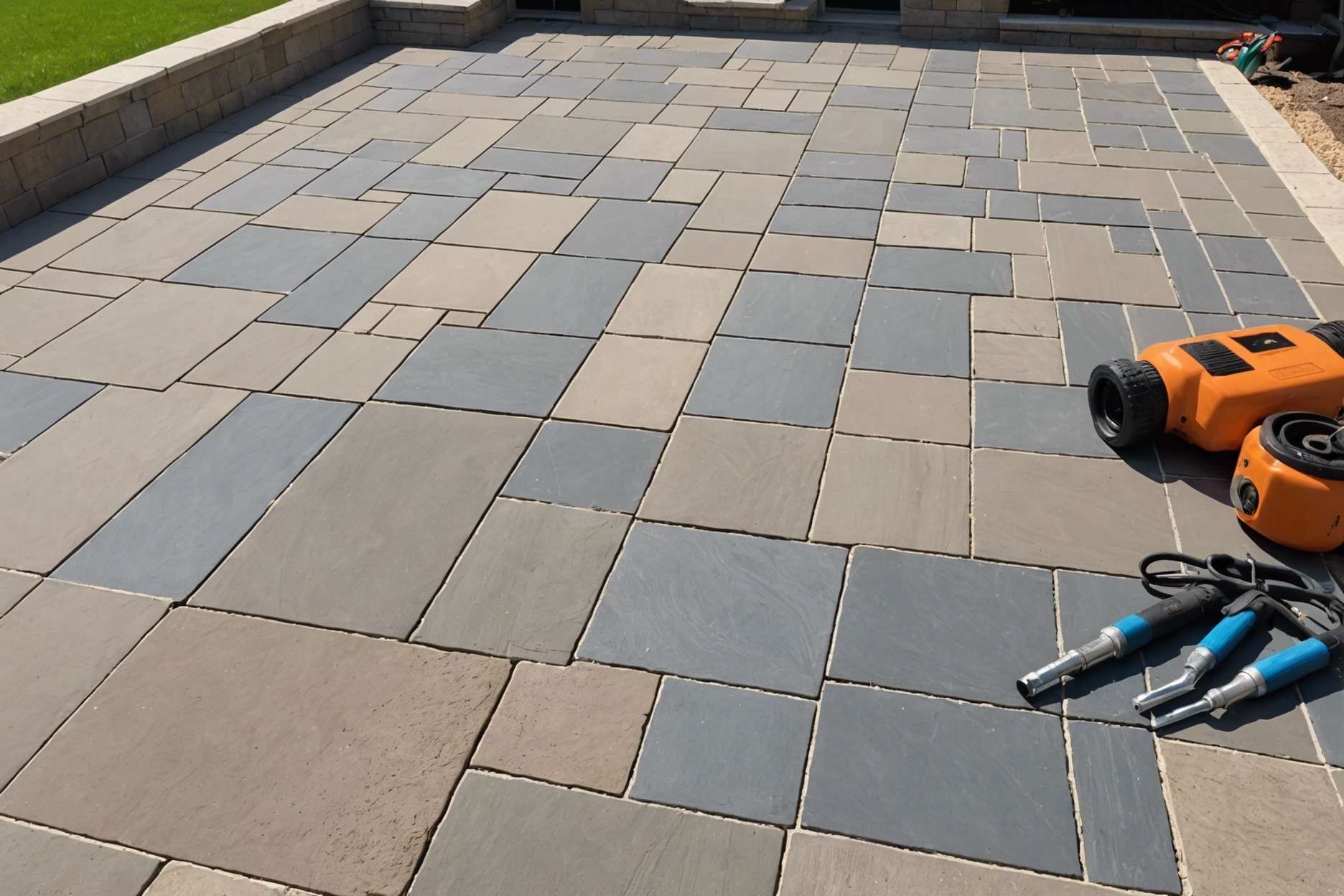 Pool patio pavers with visible gaps due to shifting substrate, surrounded by tools and materials for proper installation and maintenance