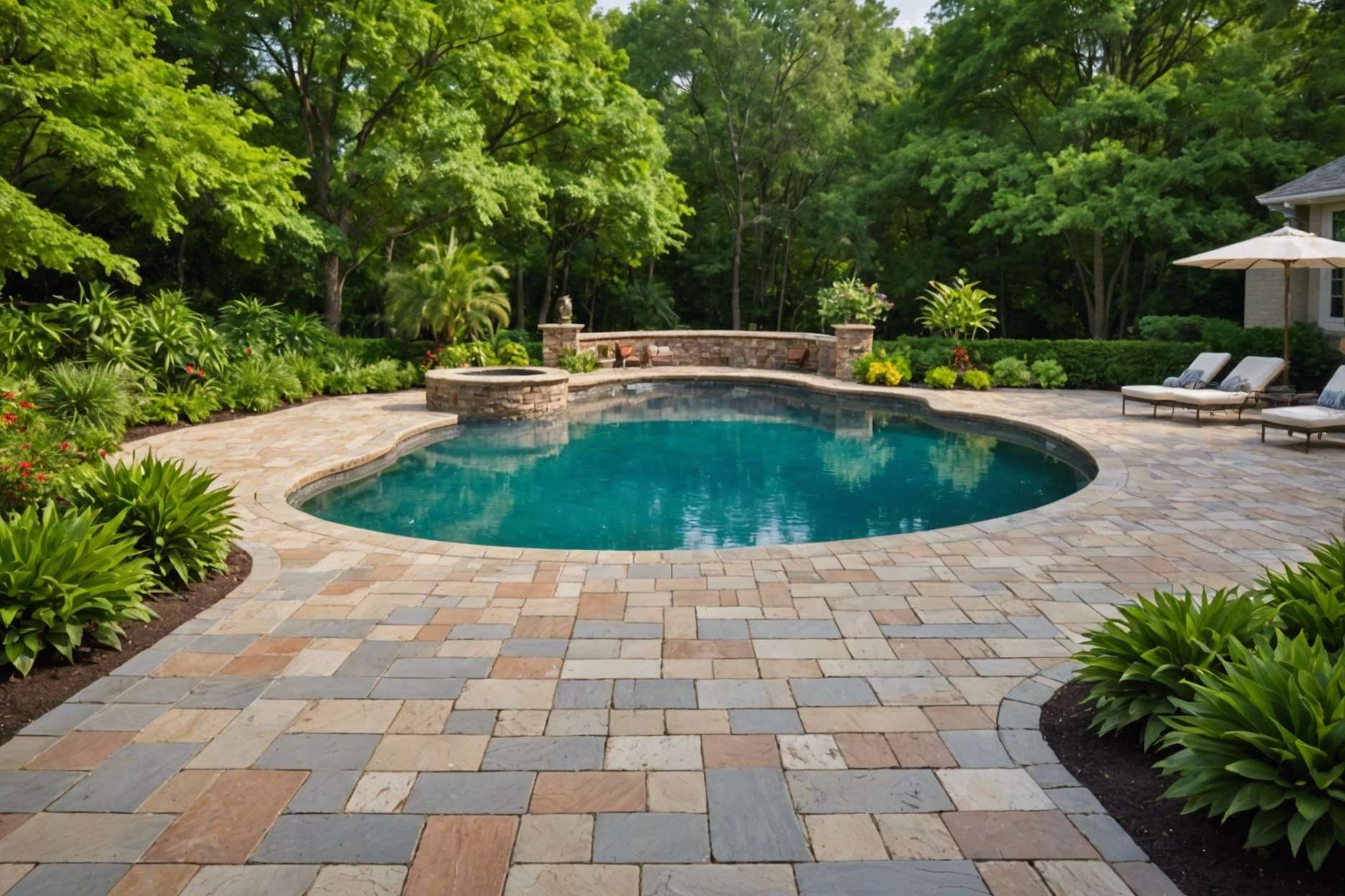 A serene pool deck enhanced with various types of pavers including concrete, brick, travertine, and natural stone, surrounded by lush greenery