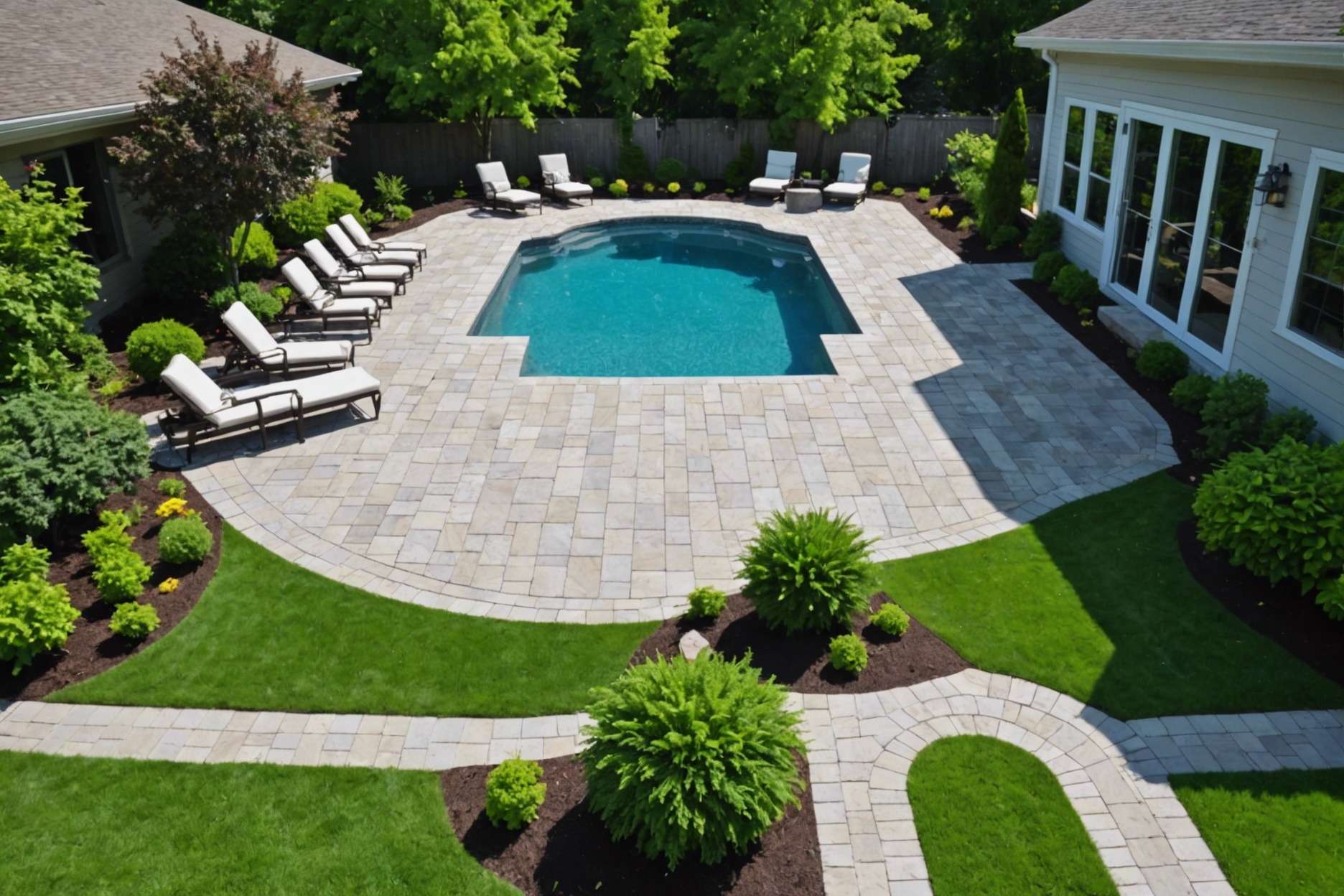 Expertly installed diverse shaped pool patio pavers with a solid base, surrounded by a lush garden, under a clear sky