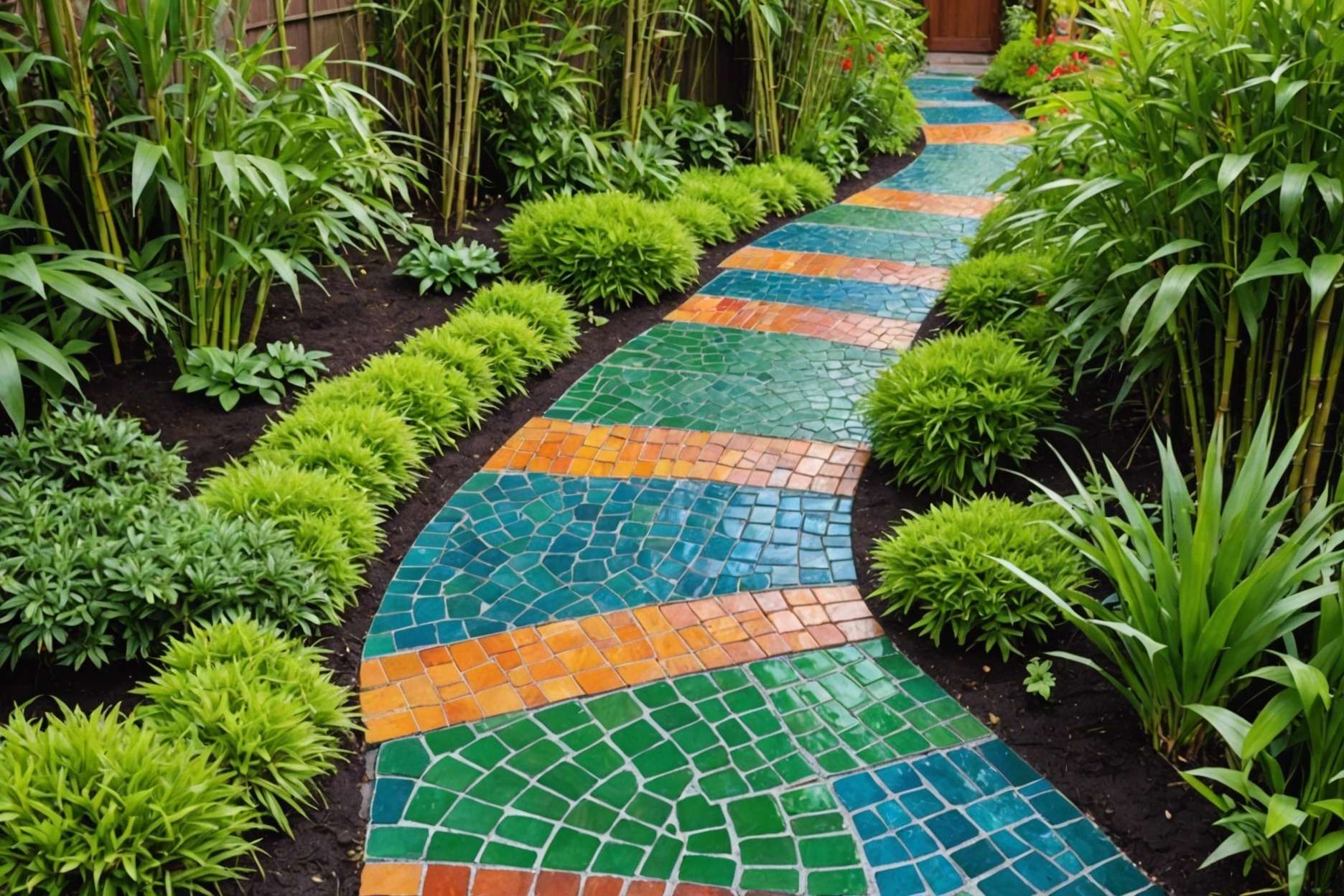 A winding pathway constructed with colorful recycled glass pavers, surrounded by green bamboo, with accents of recycled rubber, plastic, and steel elements in a lush garden setting