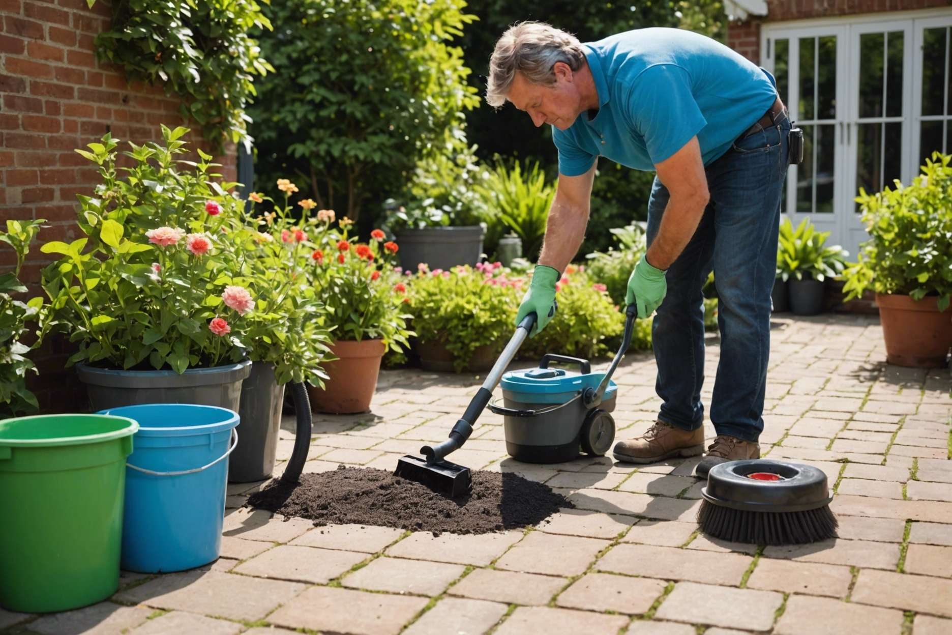 A homeowner scrubbing pavers with a brush and detergent, surrounded by containers of homemade poultice and commercial cleaners, with a leaf blower and cat litter nearby in a sunny garden setting