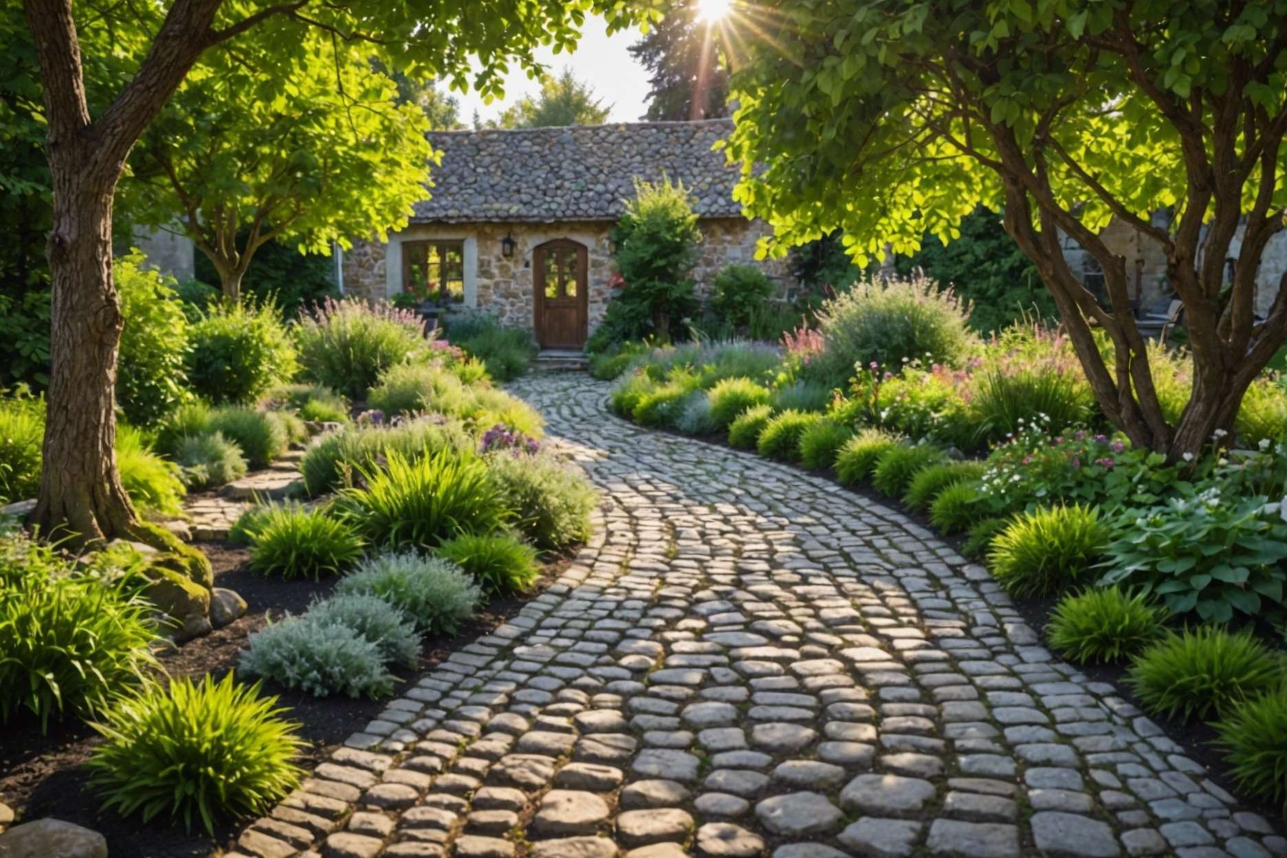 Rustic cobblestone walkway winding through a lush garden, with grass joints and interspersed with gravel areas, under a soft sunlight