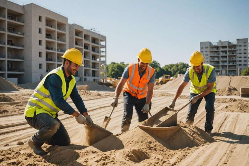 Cheerful workers spreading sand on sunny construction site