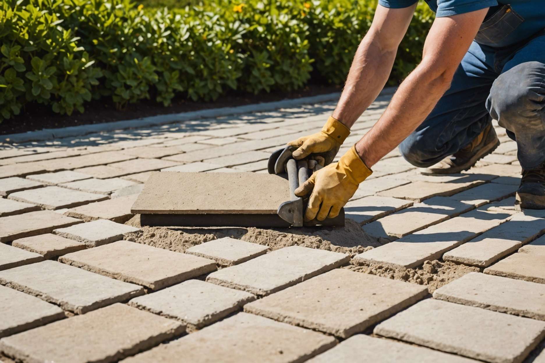 A construction worker evenly spreading fine sand between stable stone pavers in a garden, with a sunny sky above and tools for leveling and sealing nearby.