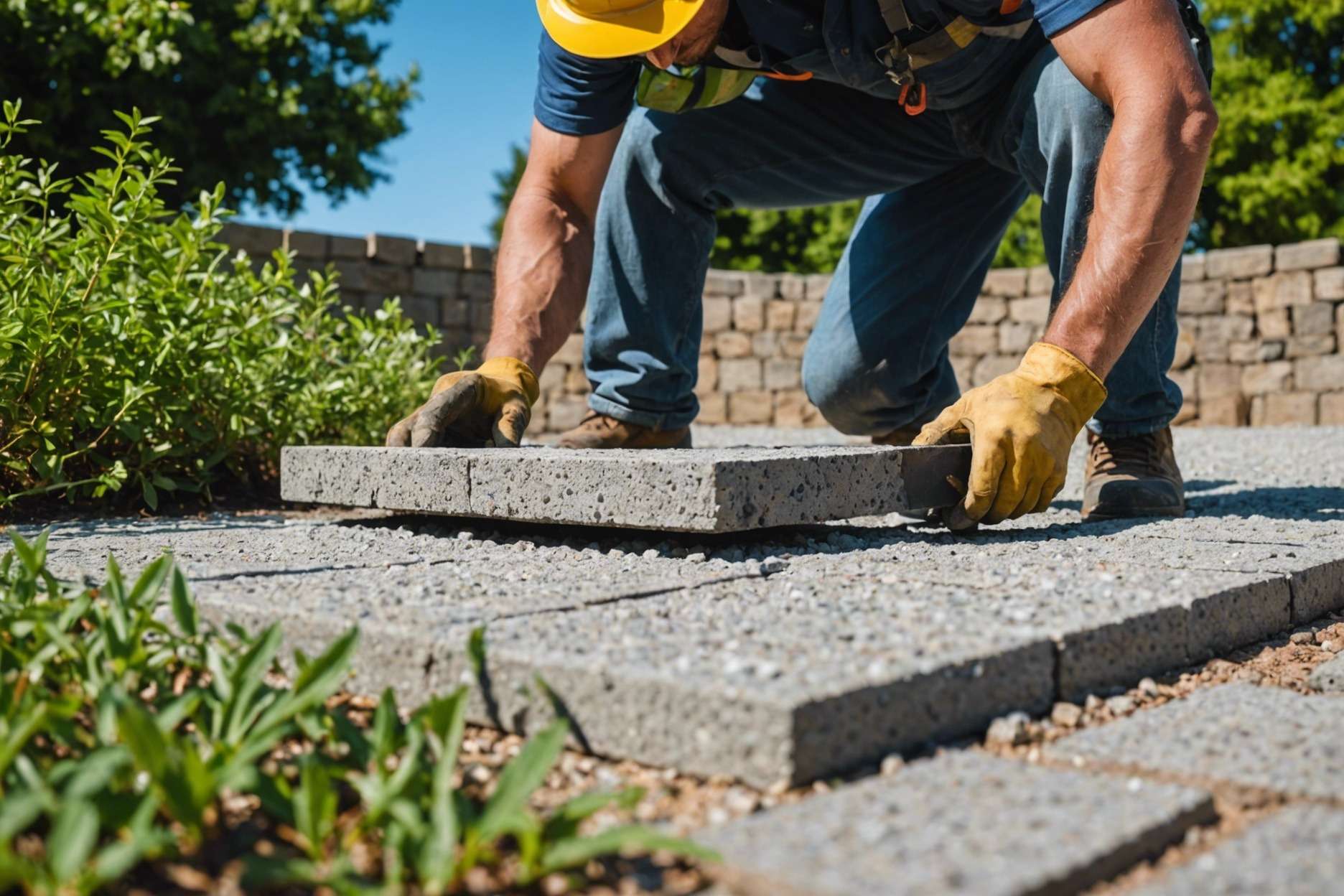 A construction worker carefully setting pavers on a base of crushed stone with a level in hand, surrounded by greenery, under a clear sky