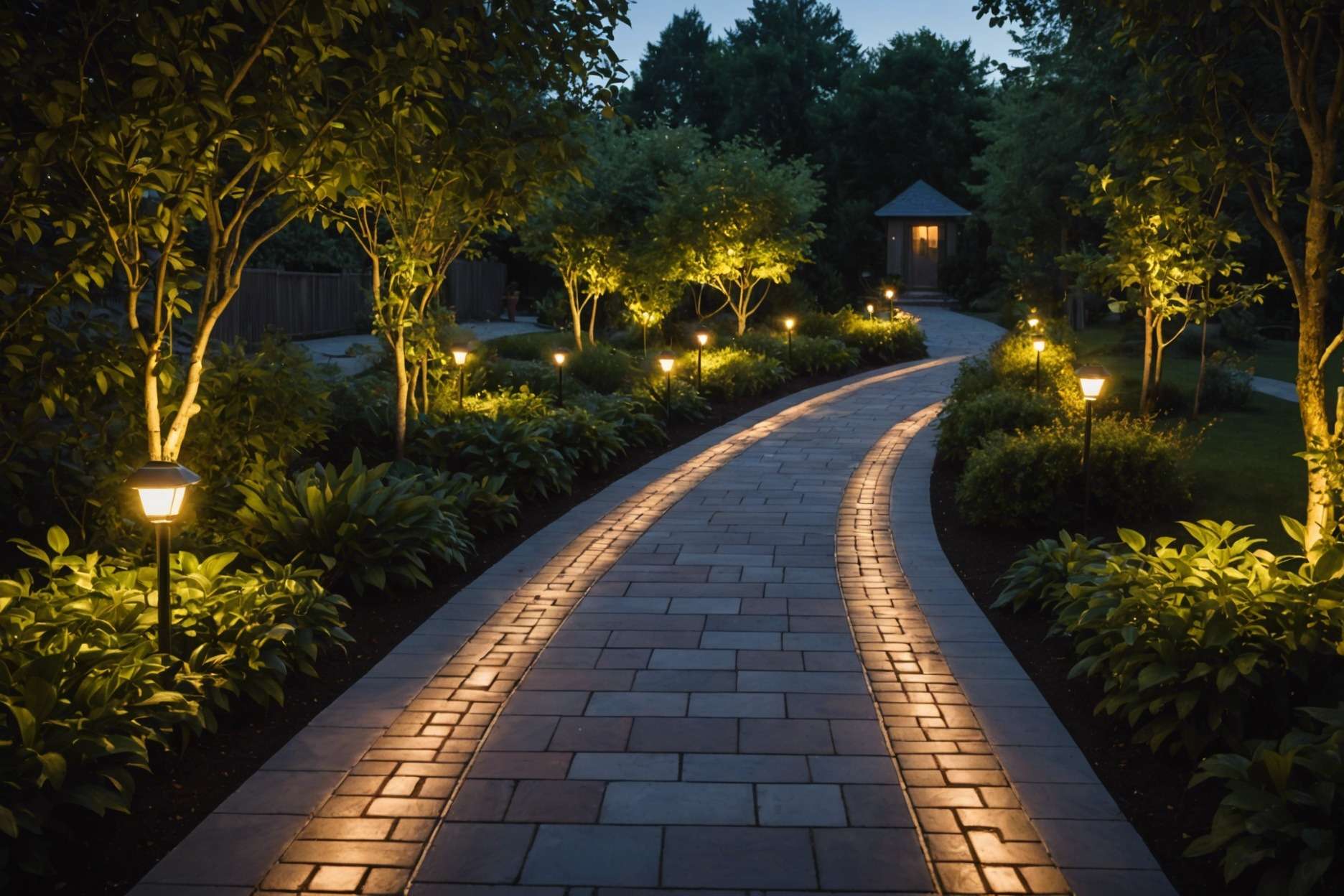 Glowing solar-powered pavers lining a serene walkway at dusk, illuminating a residential garden with soft light