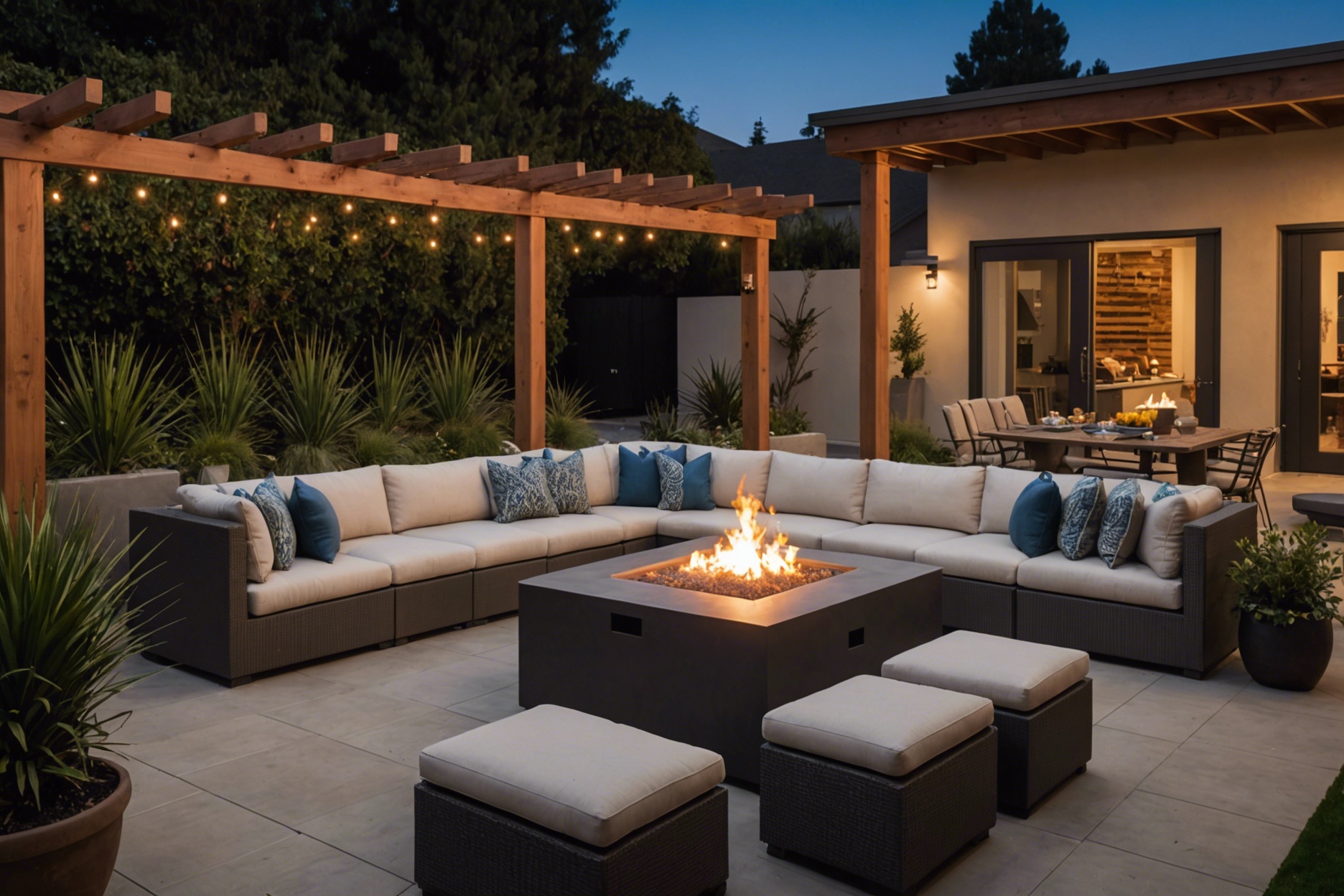 A cozy backyard gathering around a sleek gas fire pit in Southern California, with comfortable seating and ambient lighting