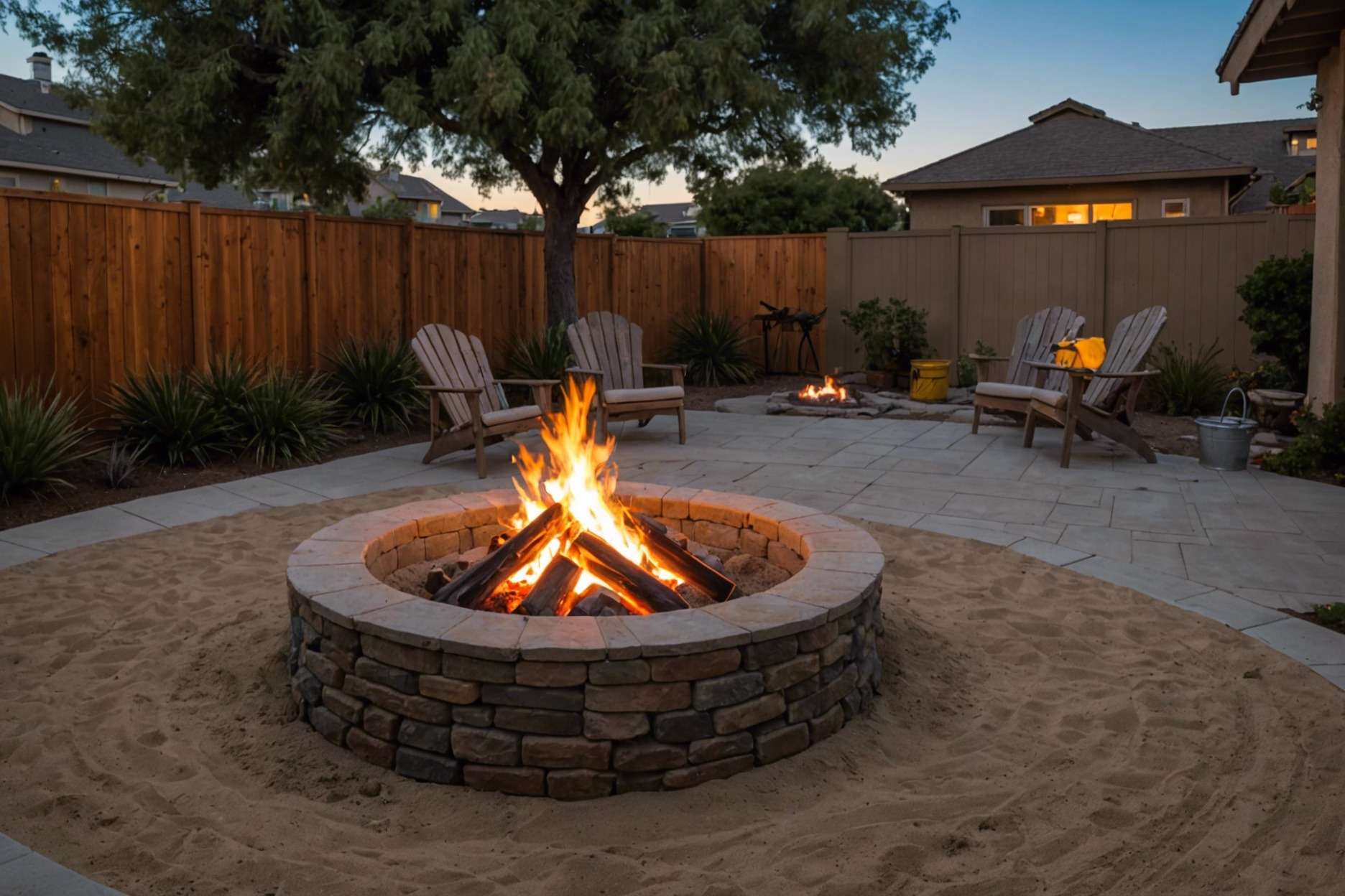 A cozy stone fire pit in a Southern California backyard during twilight, with a bucket of sand and a hose nearby, surrounded by non-combustible materials like stone and metal.