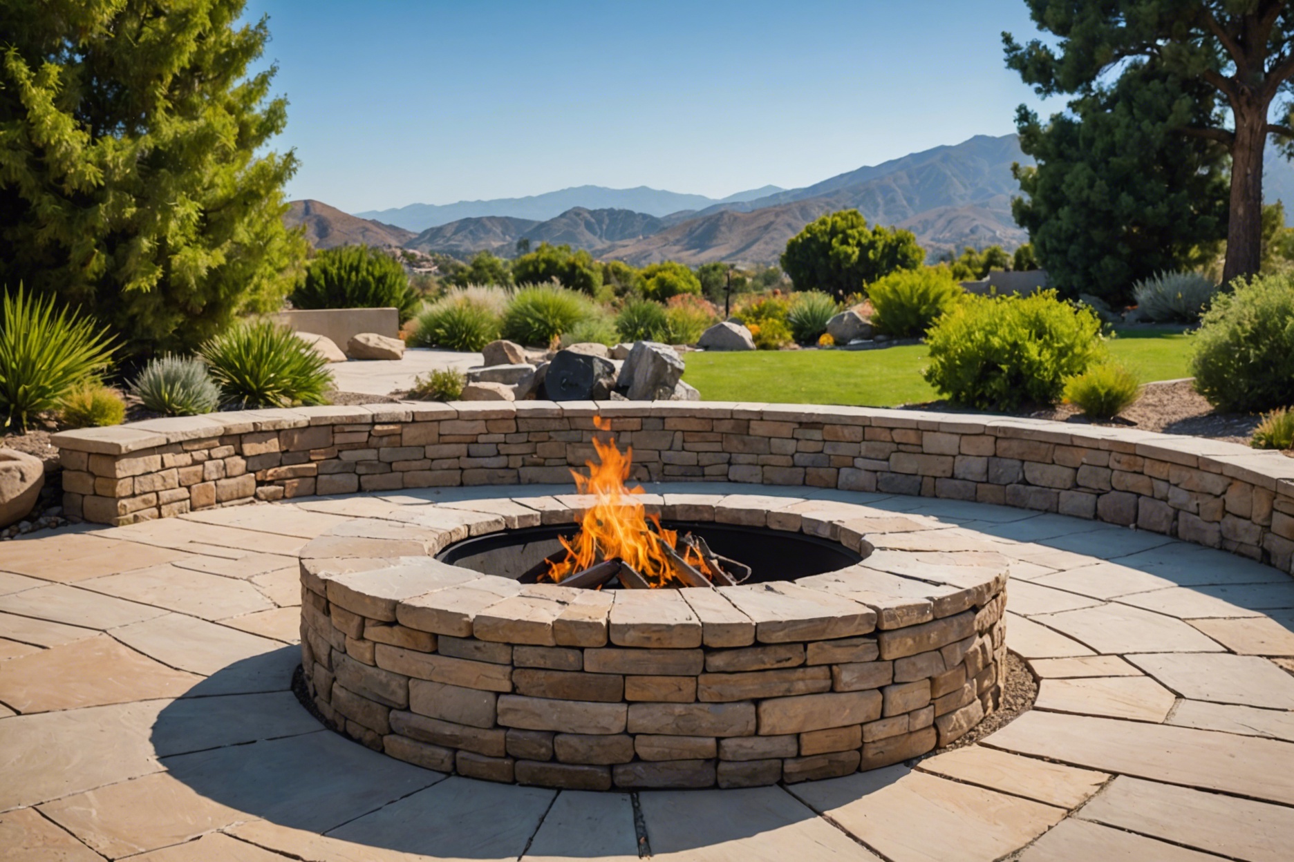 A well-maintained backyard fire pit in Southern California, surrounded by natural stone seating, with a spark screen and a fire extinguisher nearby, set against a backdrop of clear skies and distant hills