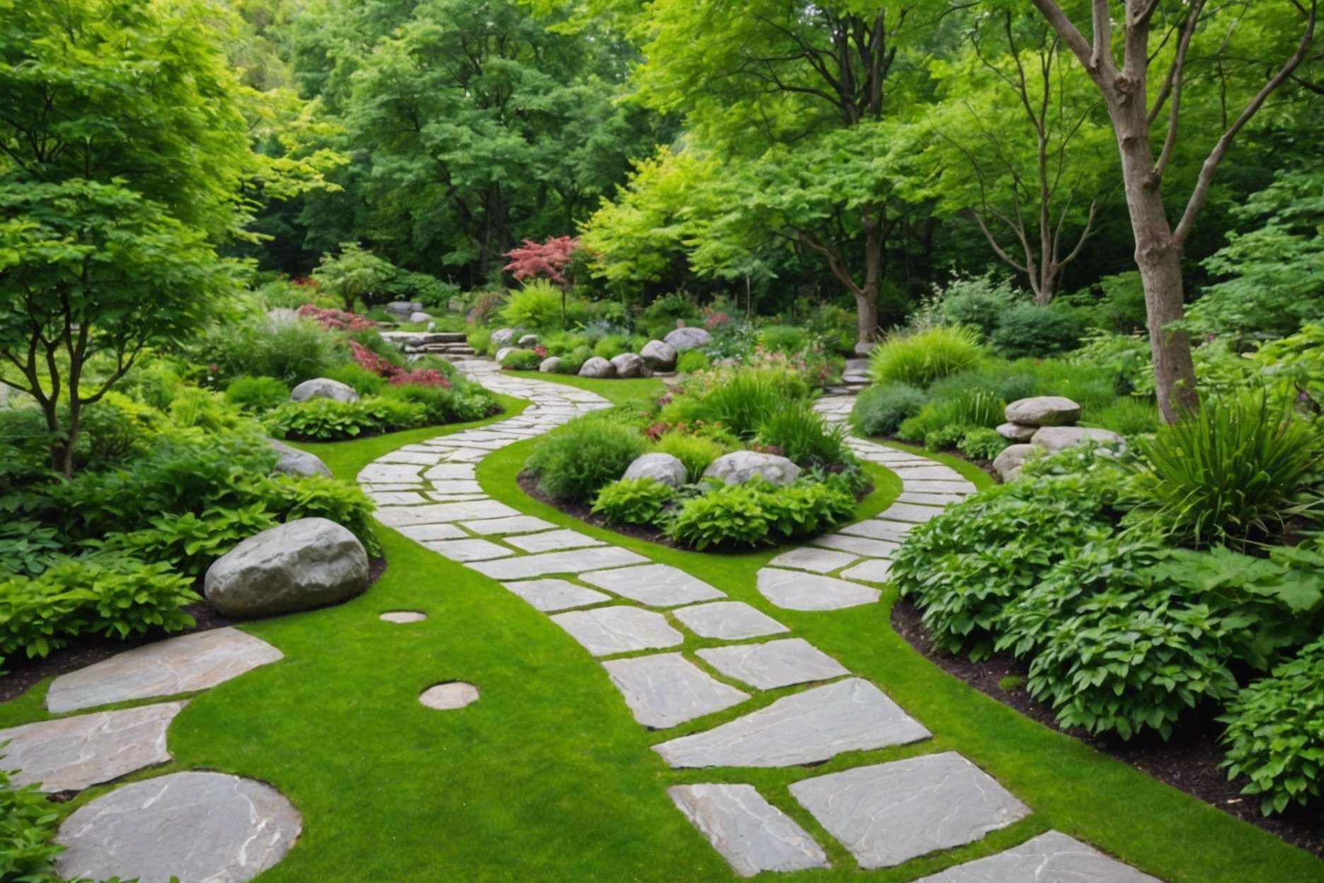 A serene garden with staggered stone pathways weaving through lush greenery, featuring round and irregular shaped stones