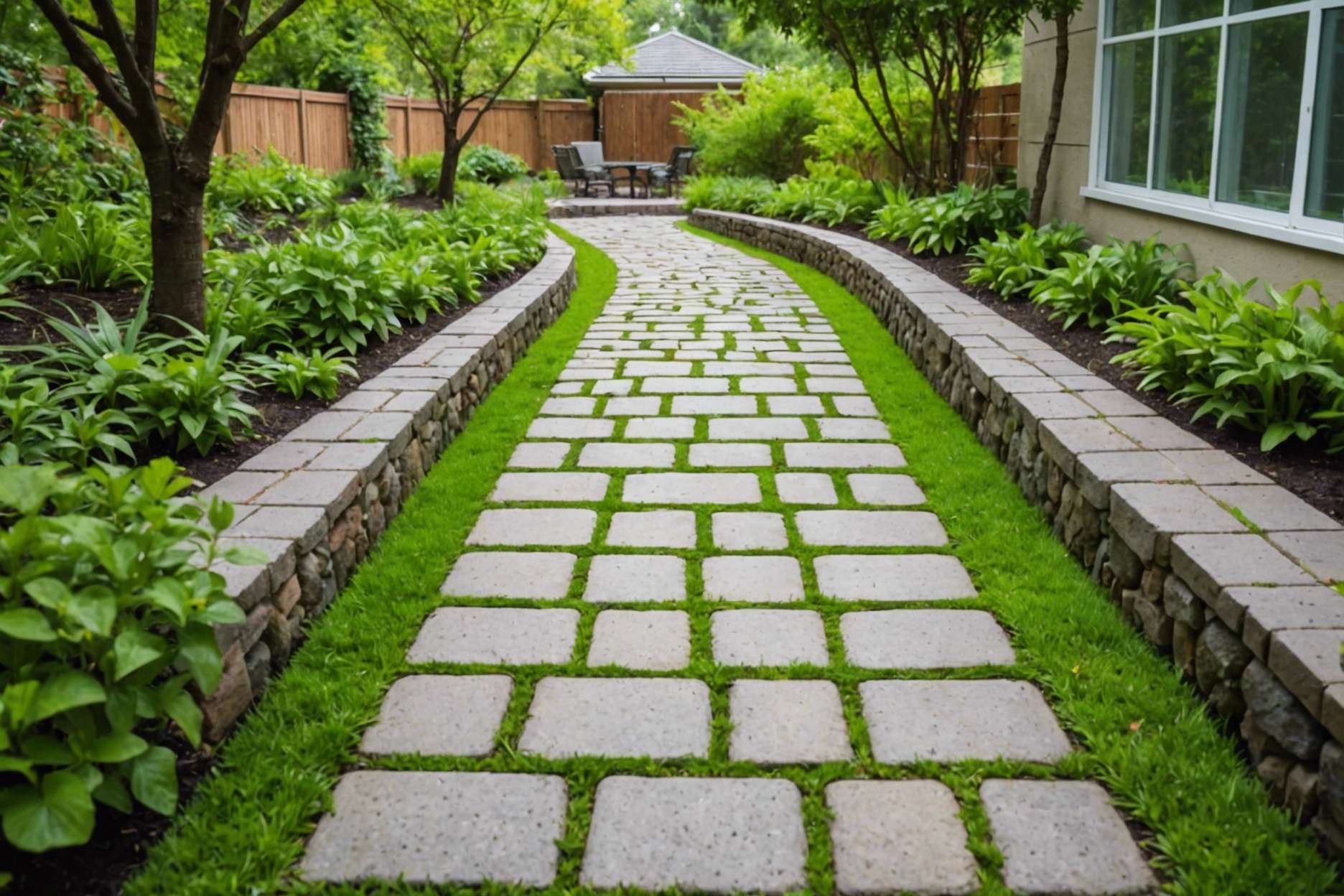 Eco-friendly permeable pavers in a garden walkway with rainwater soaking into the ground through wide gaps between the stones, surrounded by lush greenery