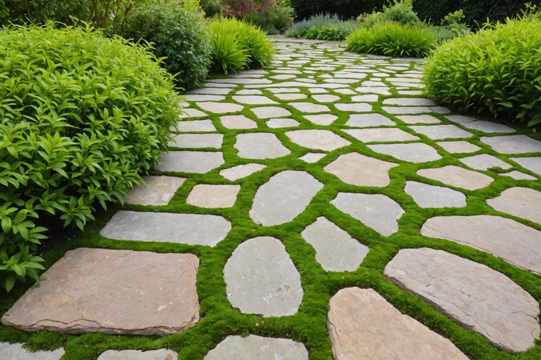 Weathered sandstone paving in a lush garden, showing signs of erosion and moss growth, with a clear sunny sky