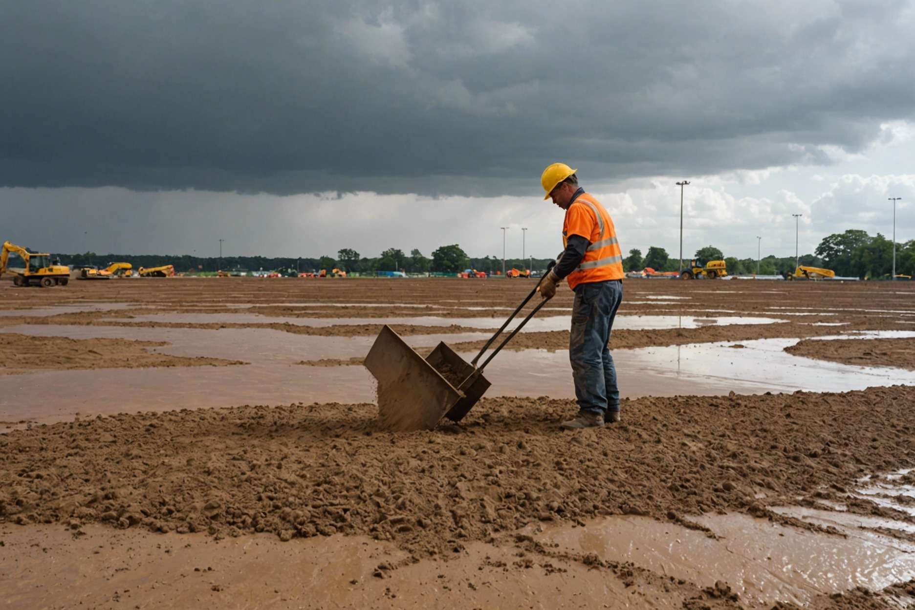 A construction worker evenly spreading high-quality sand on a level ground, surrounded by fine-graded soils, under a cloudy sky with signs of recent heavy rain