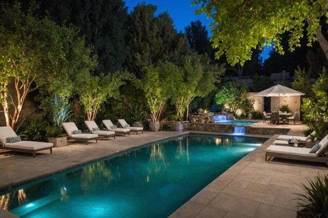 A serene backyard pool oasis in Altadena with distinct lounging and dining areas, a waterfall feature, and LED lights setting a calm mood at night