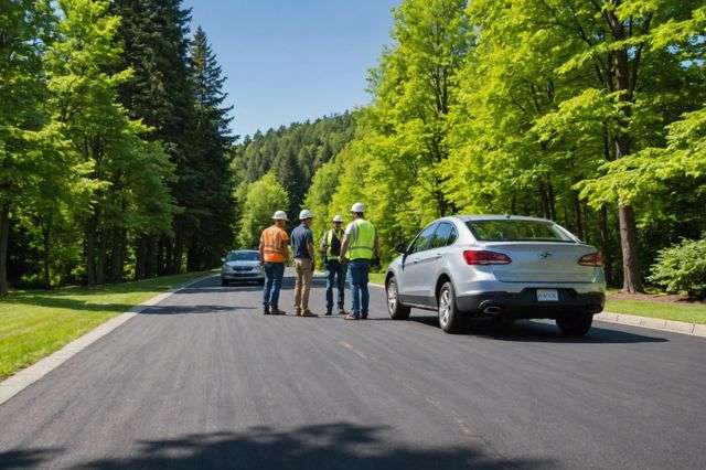 A sunny day with a contractor advising homeowners on a newly paved asphalt driveway, showing areas prone to tire scuffs, surrounded by seasonal trees