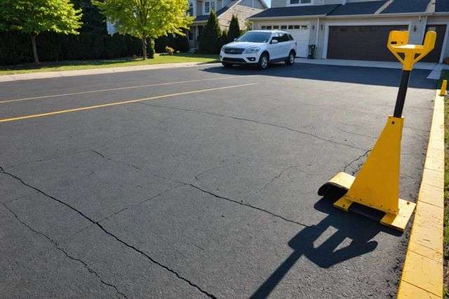 New asphalt driveway with visible tire marks, surrounded by construction tools on a sunny day, reflecting various tire sizes and vehicle weights