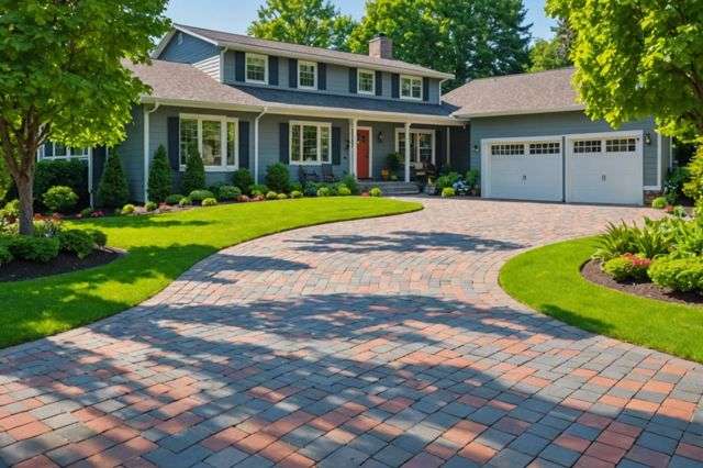 A sunny suburban home with a wide driveway being expanded using colorful pavers, surrounded by lush greenery