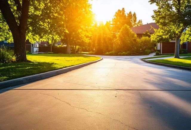 Sunlit new pavement installation in suburban area