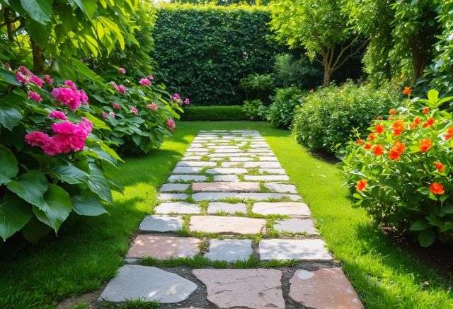 Interlocking paving stones in a lush garden pathway