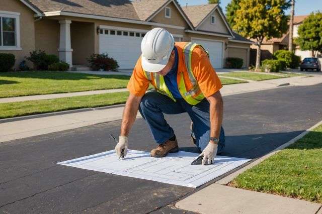 Construction worker in uniform examining blueprints next to a partially widened driveway with inspection tools, in a suburban Pasadena neighborhood