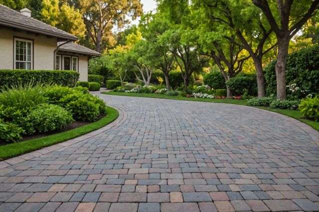 A wide, curved driveway made of elegant pavers, surrounded by lush greenery in a suburban Pasadena home