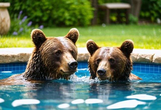 Bears swimming in backyard pools