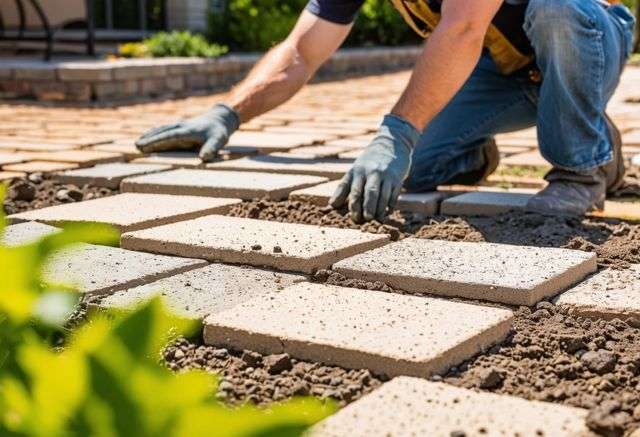 Laying pavers in a sunny backyard