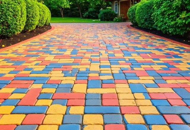 Colorful pavers on a smooth driveway