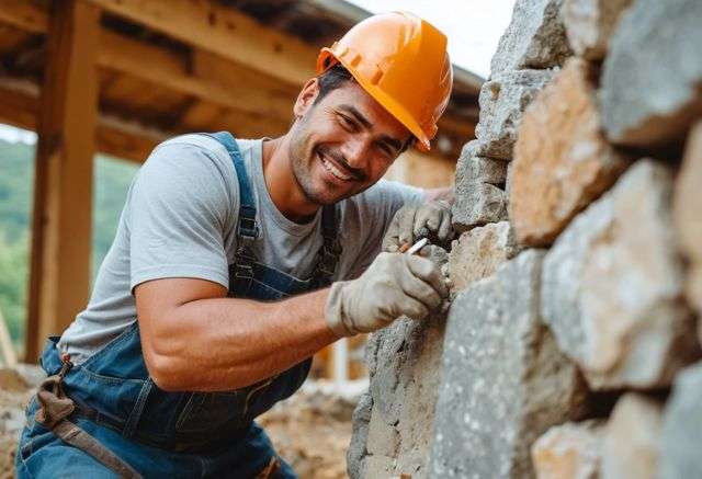 Worker smiling while fixing stone